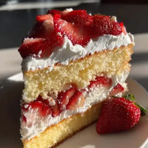 Delicious strawberry shortcake cake topped with fresh strawberries and whipped cream.