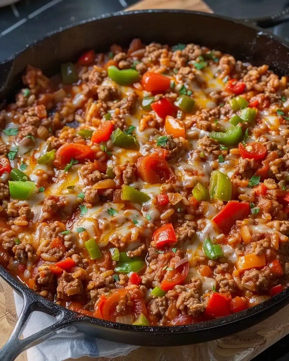 Delicious unstuffed pepper skillet dish with colorful vegetables and ground meat
