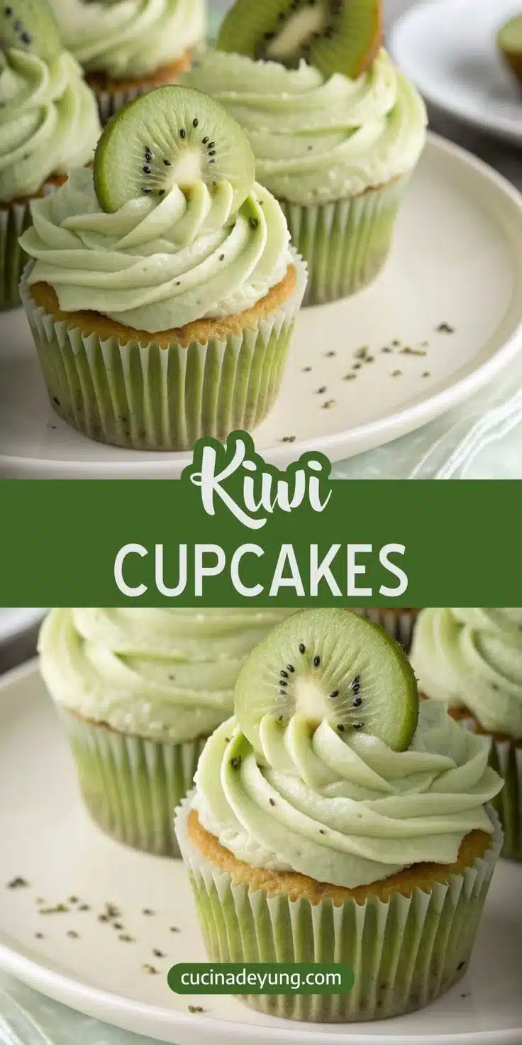 Vanilla Kiwi Cupcakes with creamy frosting and kiwi slices on top