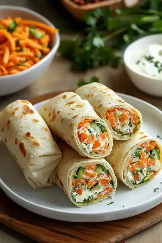 Colorful vegetable tortilla roll ups filled with fresh veggies and served on a plate.