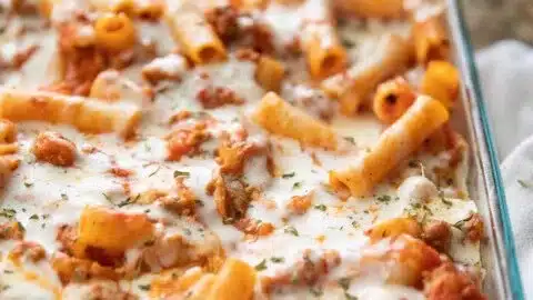 Baked Ziti with Sausage 2 Delicious baked ziti with sausage topped with melted cheese and herbs
