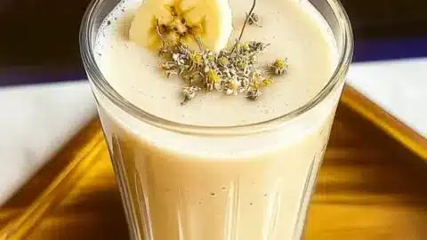 A delicious banana chamomile tea smoothie topped with fresh banana slices.