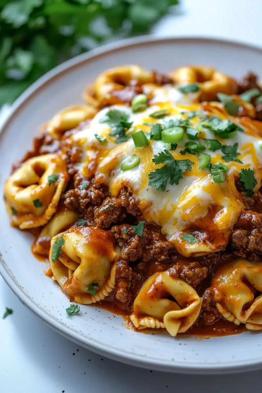 Plate of Beef Enchilada Tortellini topped with cheese and herbs