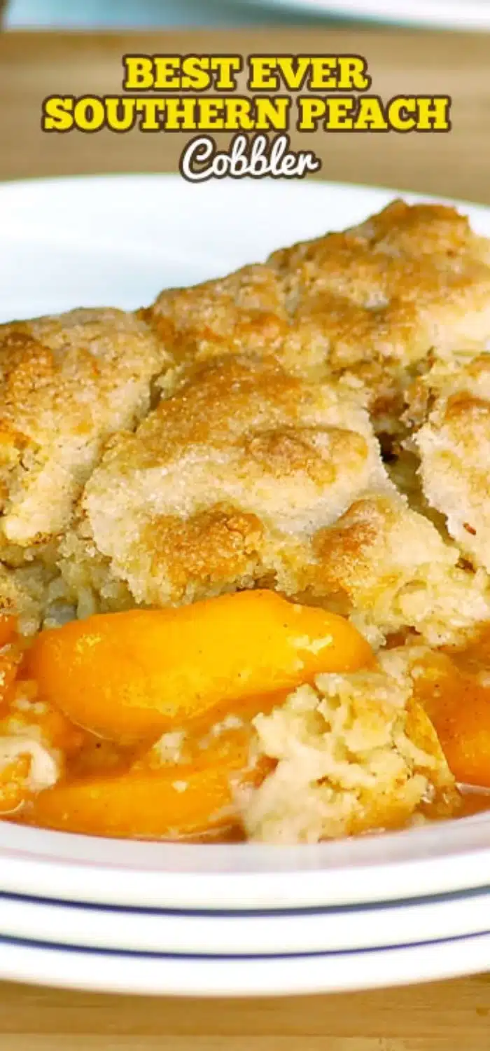 Delicious Southern peach cobbler with fresh peaches and golden crust