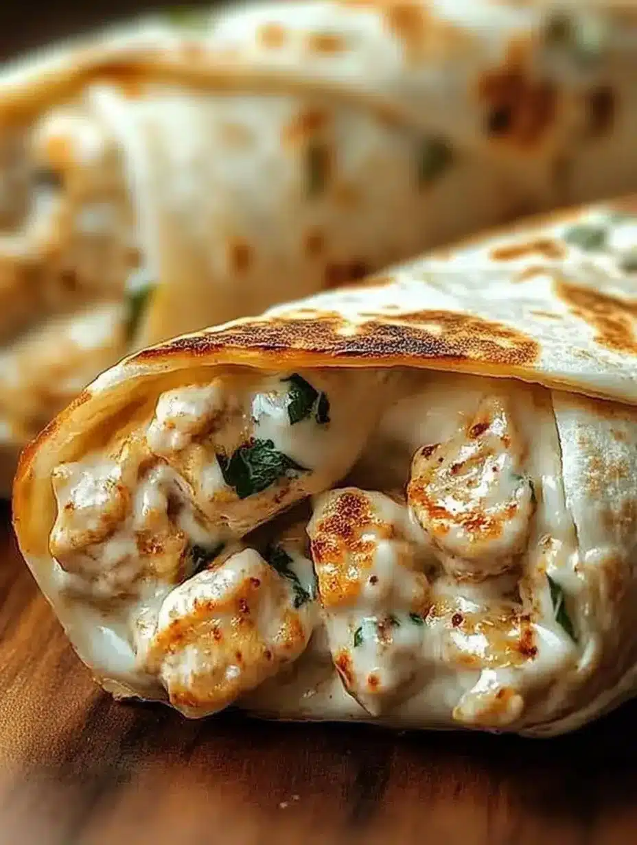 Cheesy garlic chicken wraps with fresh ingredients and melted cheese