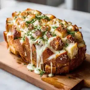 Cheesy Garlic Pull-Apart 2 Delicious cheesy garlic pull-apart bread served on a wooden board