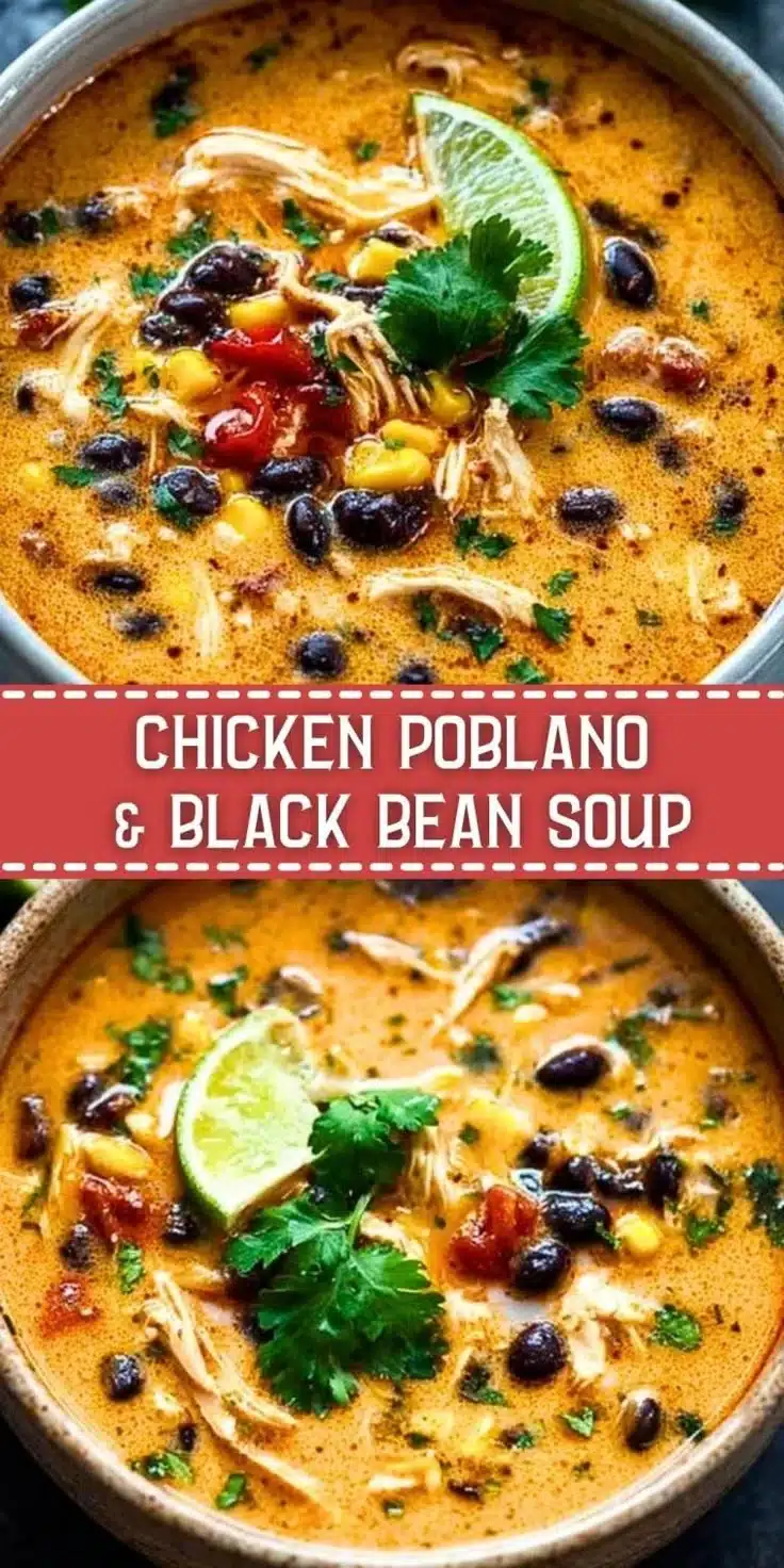 Bowl of Chicken Poblano and Black Bean Soup garnished with cilantro