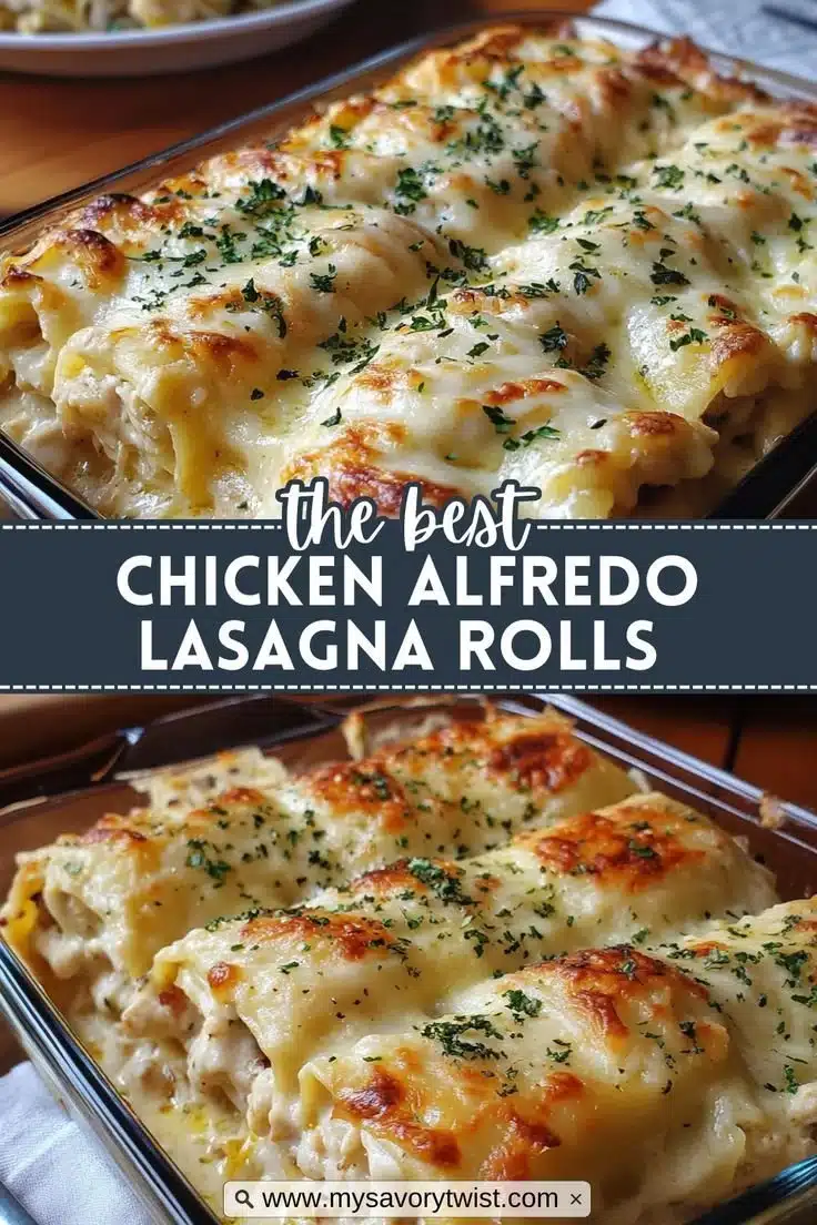 Delicious Chicken Alfredo Lasagna Rolls topped with creamy sauce and cheese