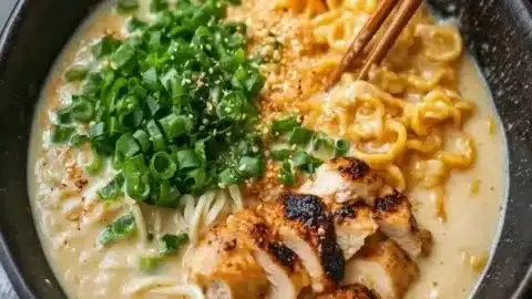 Bowl of creamy garlic chicken ramen topped with herbs and spices