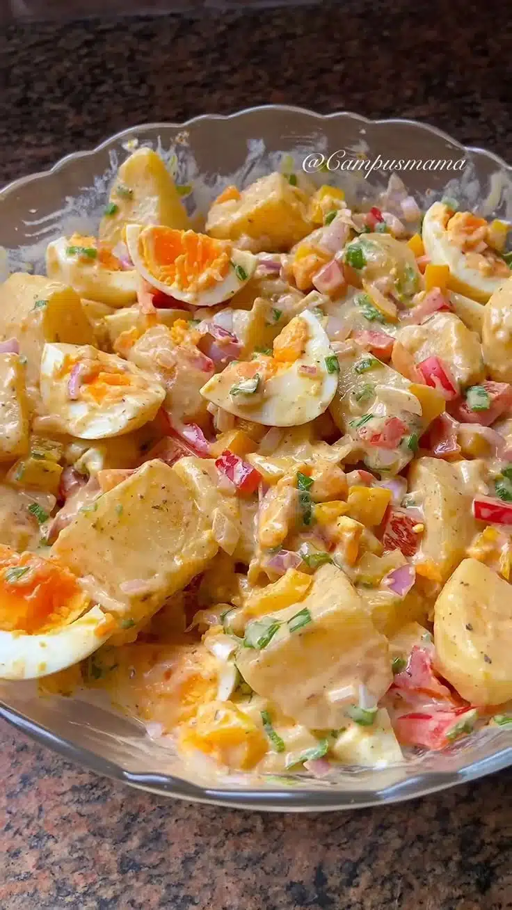 Delicious creamy potato salad served in a bowl, perfect for picnics and gatherings.