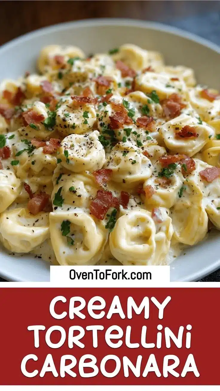 Creamy tortellini carbonara dish with bacon and parsley garnish