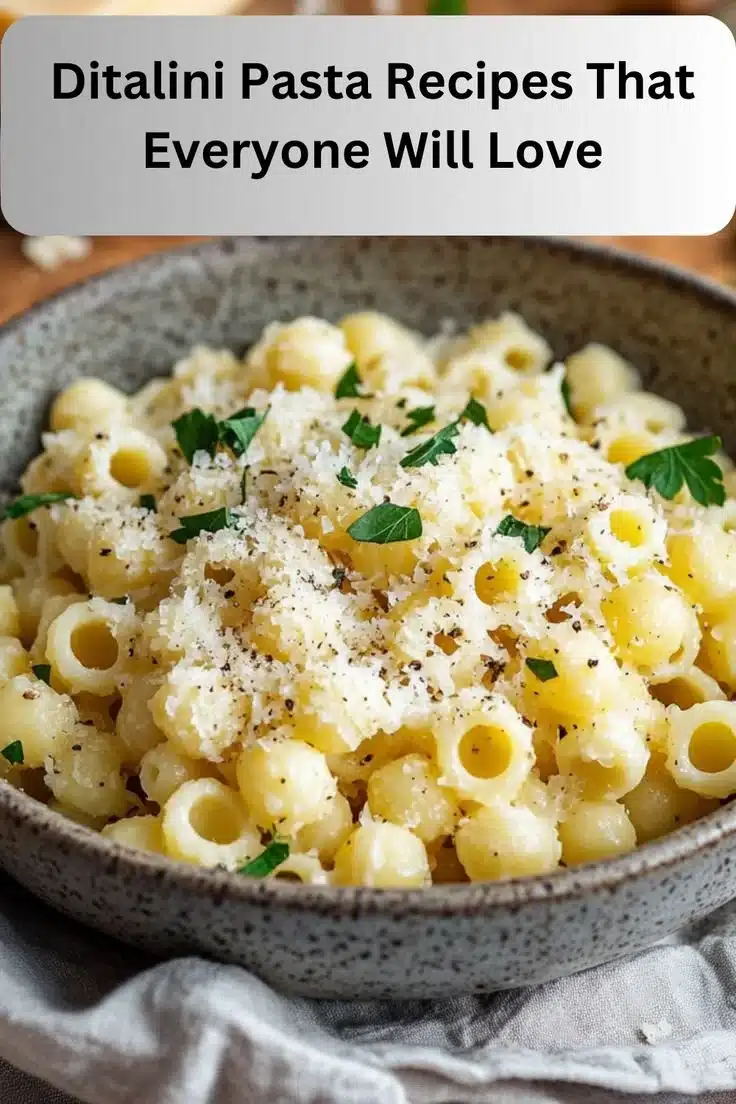 A bowl of Ditalini Pasta served with fresh vegetables and herbs