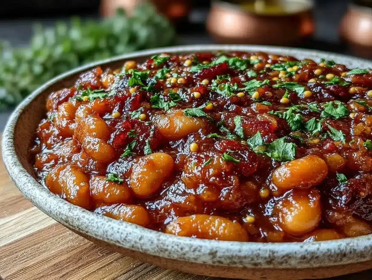 Dish of flavorful baked beans topped with smoky bacon