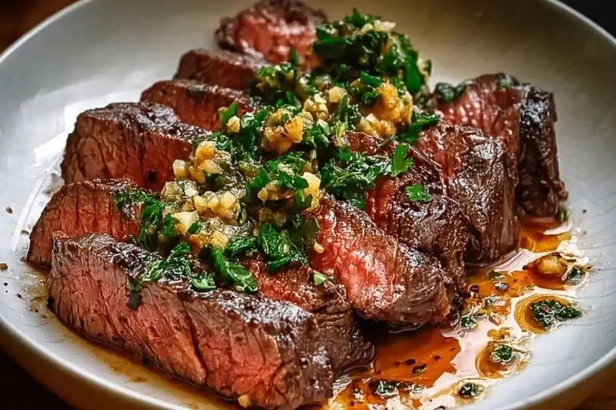 Delicious Garlic Butter Brazilian Steak served on a platter
