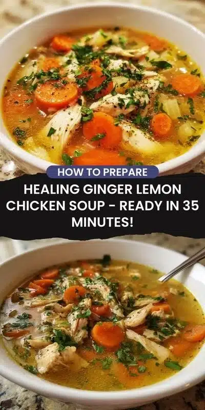 Bowl of Ginger Lemon Chicken Soup garnished with fresh herbs