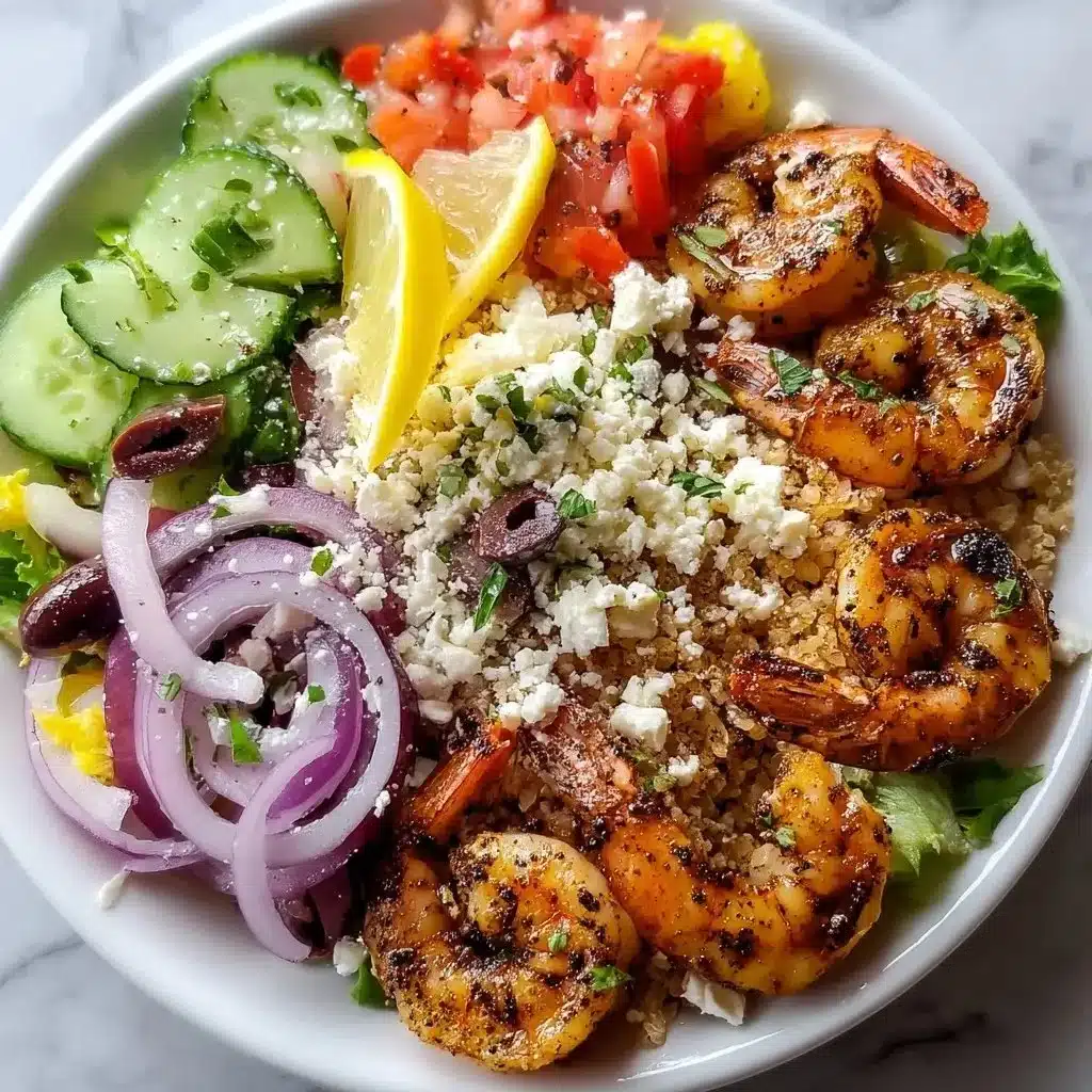 Delicious Greek Shrimp Mediterranean Bowl with vibrant ingredients
