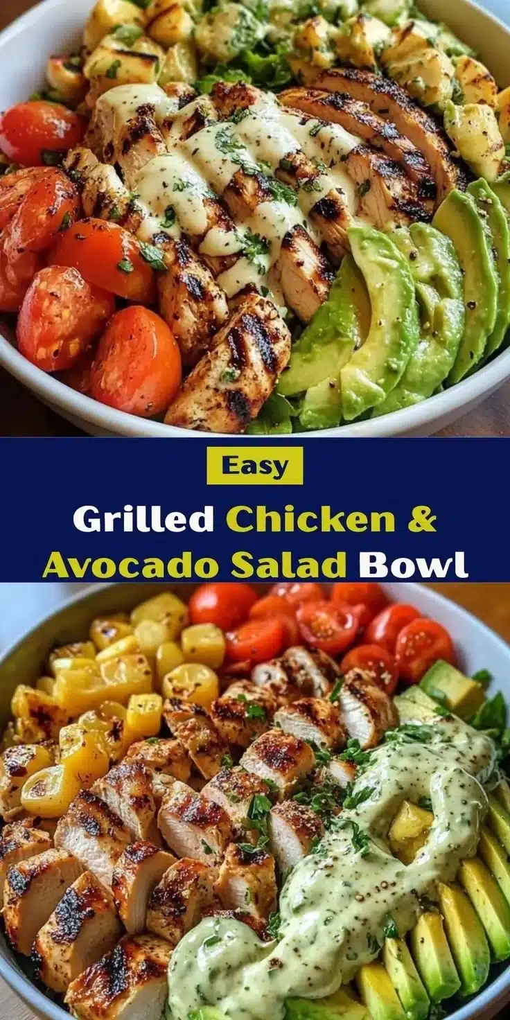 Delicious Grilled Chicken & Avocado Salad Bowl with fresh ingredients