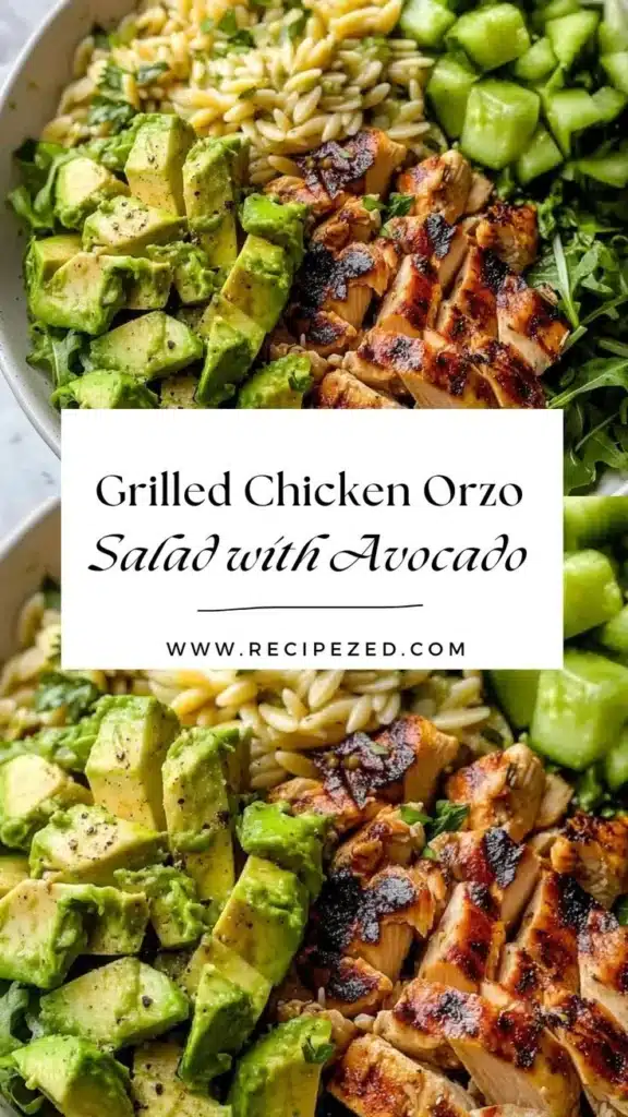 Delicious Grilled Chicken Orzo Salad with Avocado and vibrant veggies