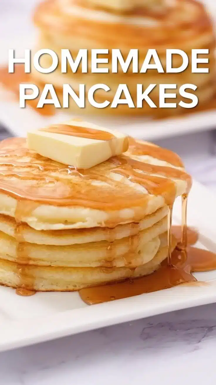 A stack of homemade fluffy pancakes drizzled with syrup and topped with fresh berries.