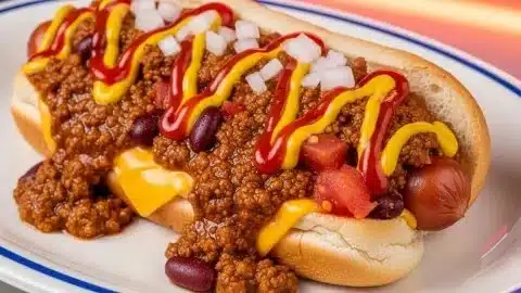 Delicious homemade hot dog chili sauce for topping franks and sausages