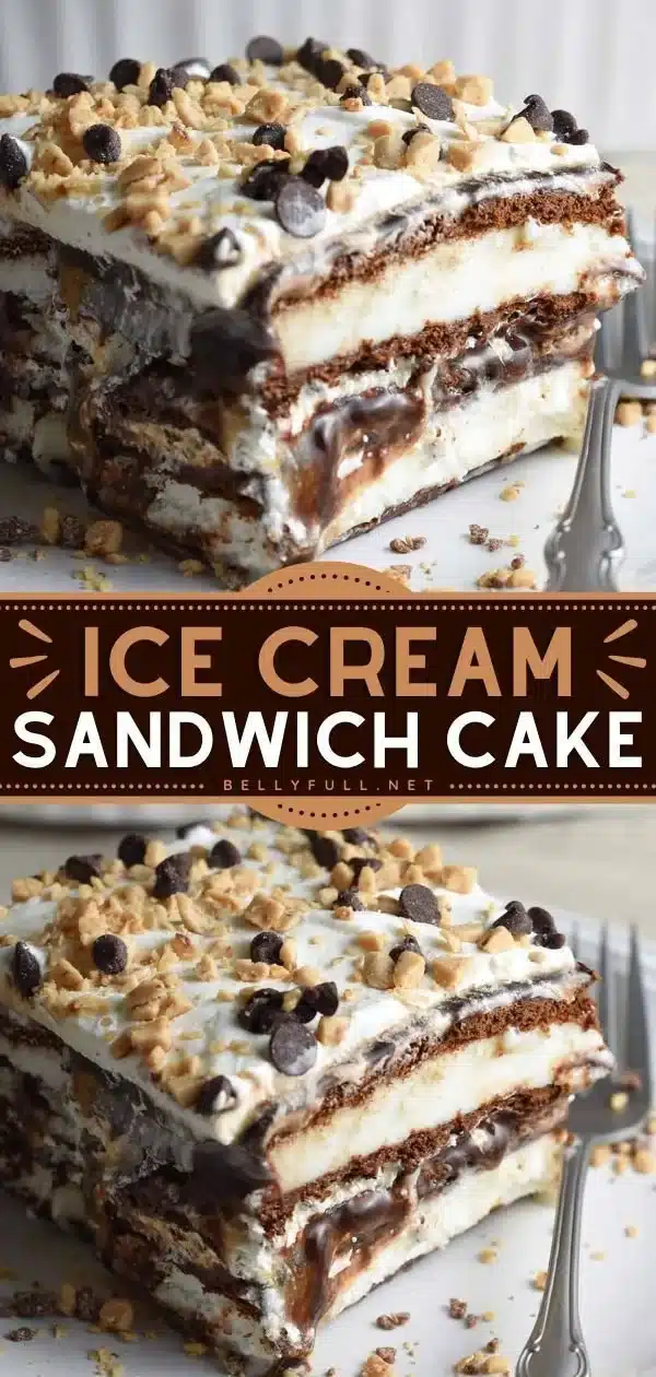 Delicious ice cream sandwich cake layered with vanilla and chocolate ice cream