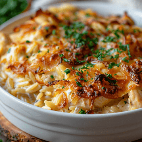 Easy French Onion Chicken Bake | Creamy Orzo Casserole