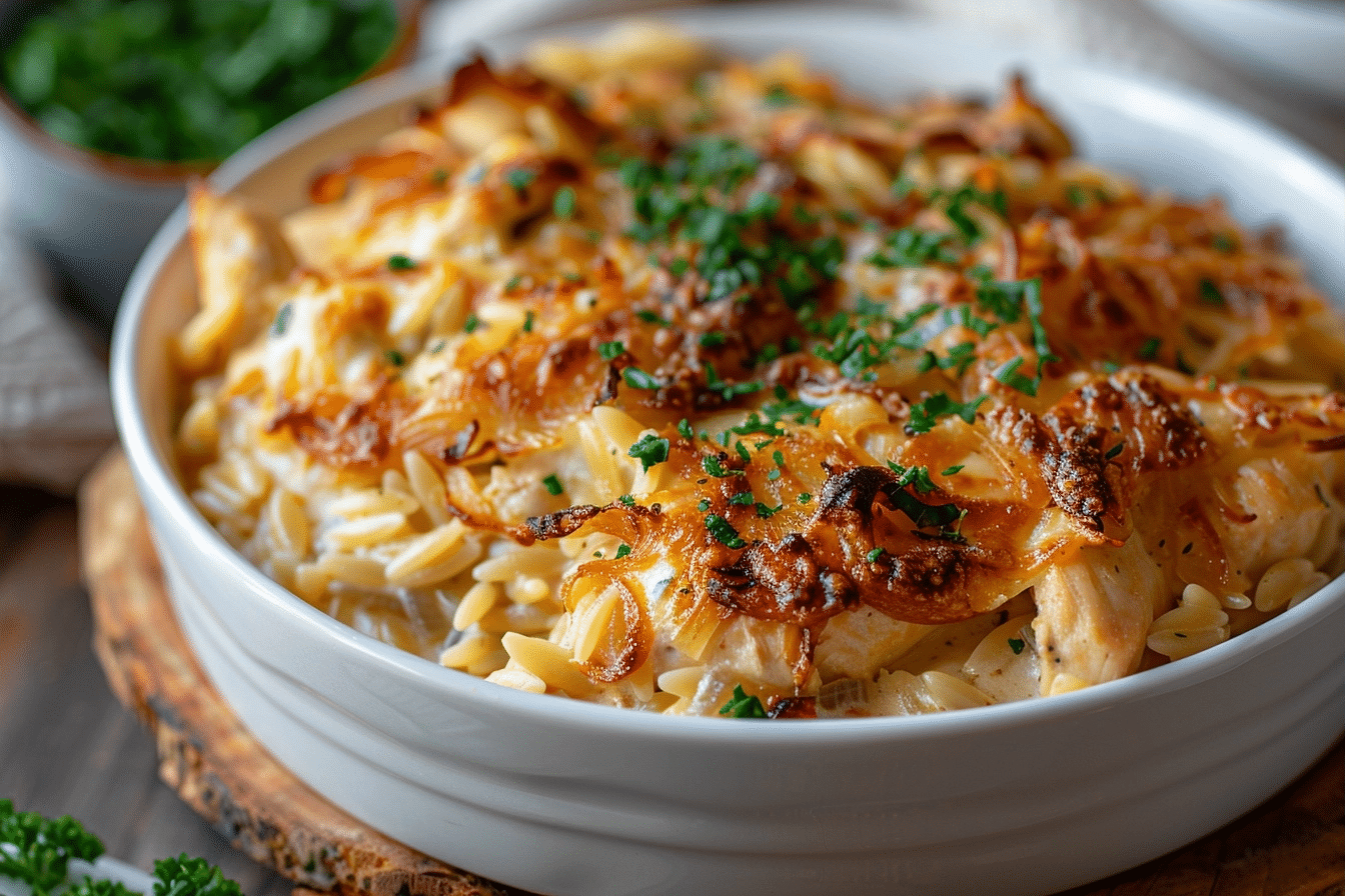 Easy French Onion Chicken Bake | Creamy Orzo Casserole
