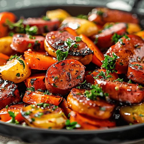 One Pan Honey Garlic Kielbasa and Veggies