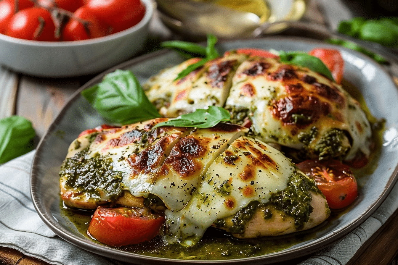Make The EASIEST Baked Pesto Chicken with Mozzarella