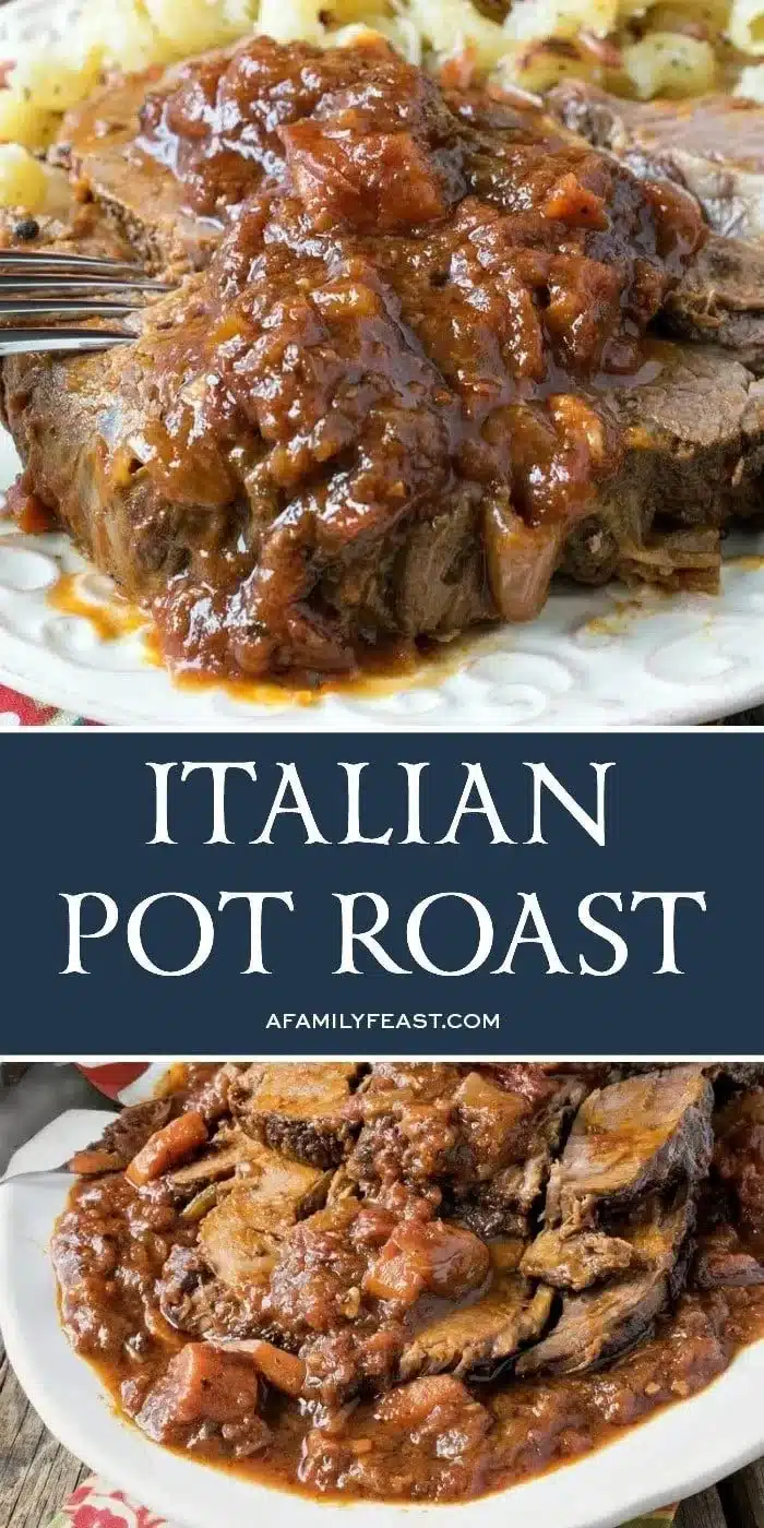 Delicious Italian Pot Roast with herbs and vegetables served on a plate