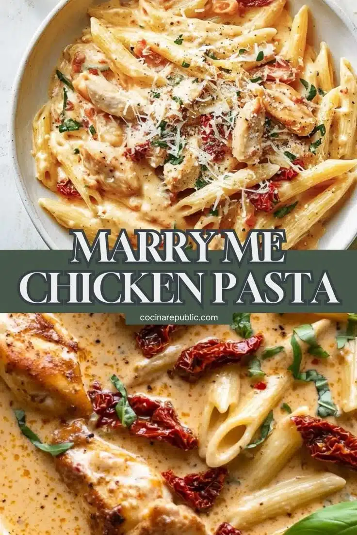 Plate of Marry Me Chicken Pasta garnished with herbs and served in a beautiful setting