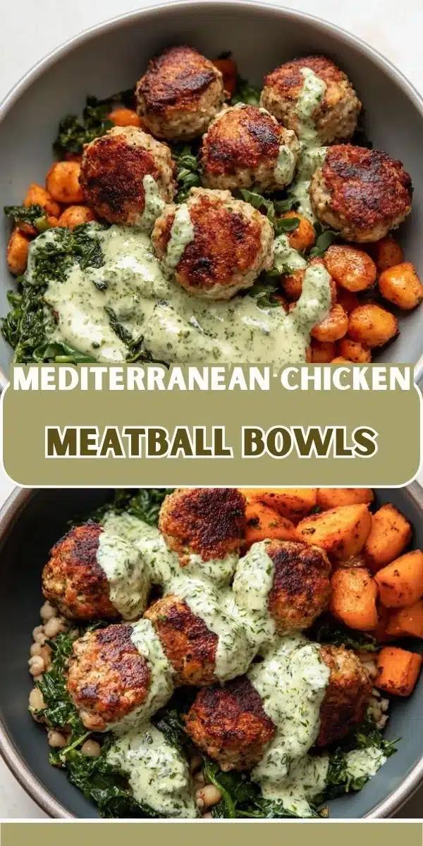 Mediterranean Chicken Meatball Bowl with fresh vegetables and herbs