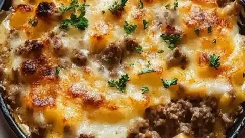 Delicious Hobo Casserole with ground beef and potatoes ready to serve.