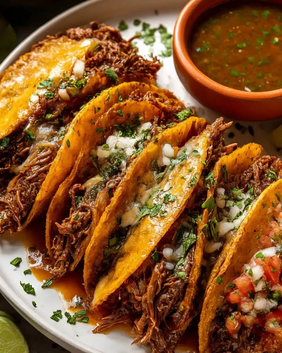 Delicious beef birria tacos served with toppings and consomme