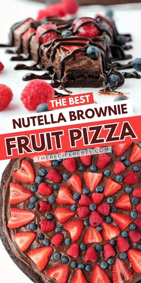 Nutella Brownie Fruit Pizza topped with fresh fruits and chocolate drizzle