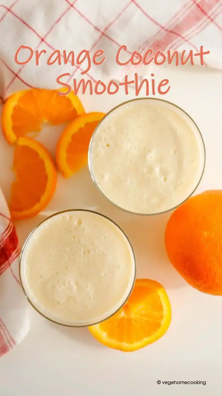 Delicious orange coconut smoothie in a glass, topped with fresh fruit.