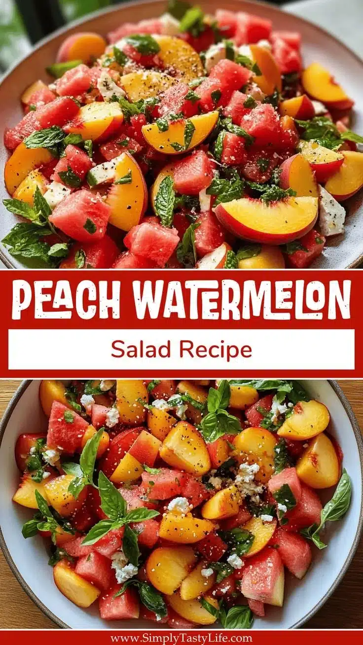 Fresh Peach Watermelon Salad with herbs and feta cheese in a bowl