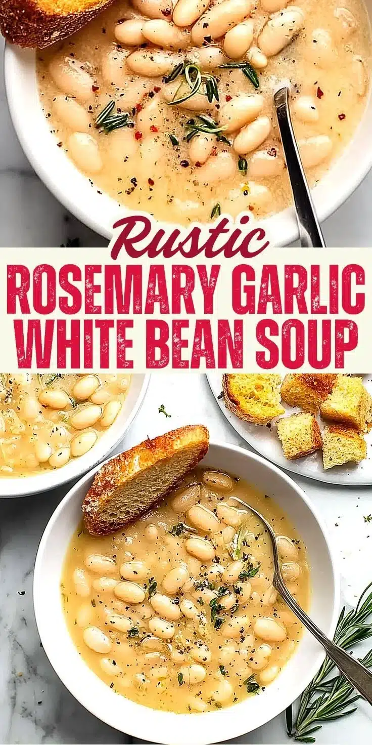 Bowl of Rustic Rosemary Garlic White Bean Soup garnished with fresh herbs
