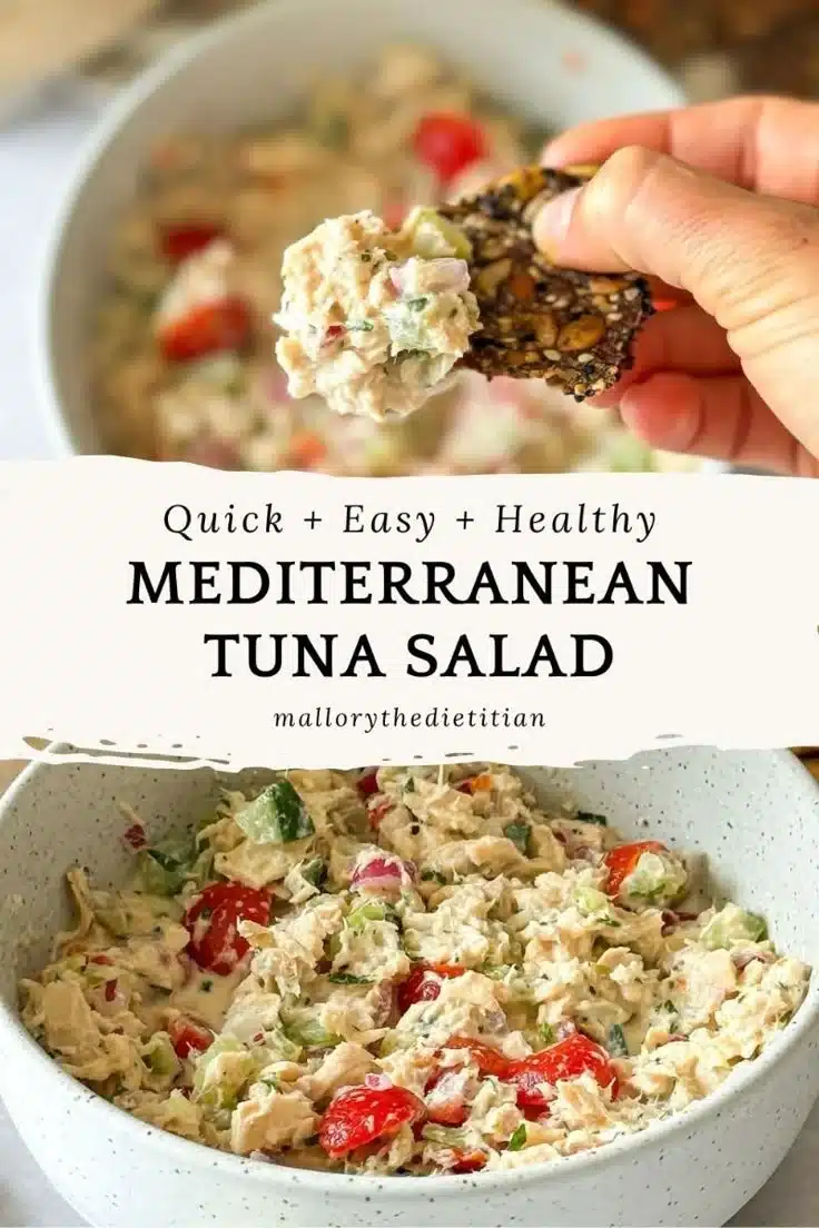 A bowl of fresh, colorful Mediterranean Tuna Salad with olives and veggies