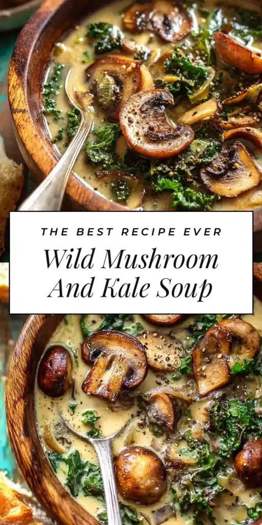 Bowl of simple wild mushroom, caramelized onion, and kale soup garnished with herbs