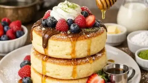 Soft Japanese Soufflé Pancakes 2 Fluffy Japanese soufflé pancakes stacked on a plate with syrup and berries