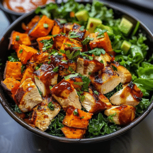 Grilled Chicken Sweet Potato Bowl with BBQ Twist and Avocado