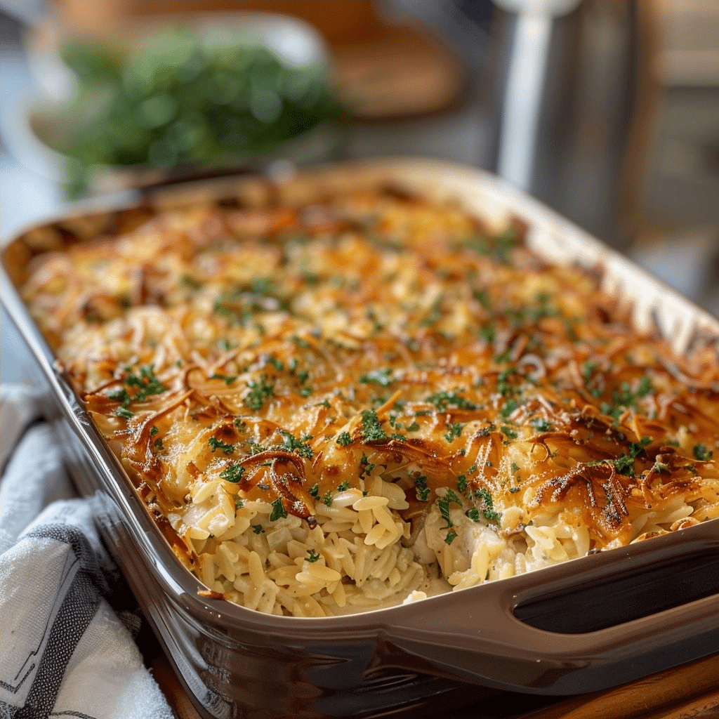 French Onion Chicken Orzo Casserole Weeknight Comfort Bake