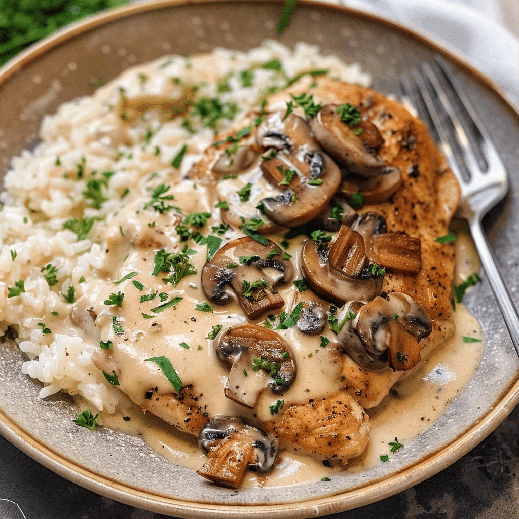 Creamy Mushroom Chicken with Parmesan Cream Sauce and Herbs